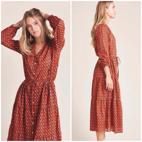 Trovata Birds of Paradis L Geometric Print Button Front Midi Dress Orange Long - Picture 5 of 11